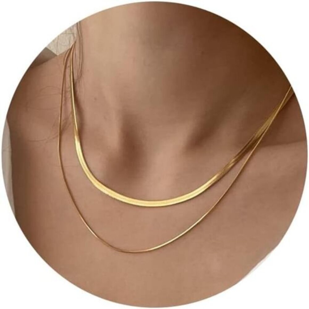 Women 14K Gold/Silver Plated Snake Chain Necklace‎ Herringbone Gold Choker